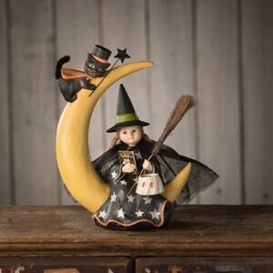 Bethany Lowe Mara On Moon Halloween Girl with Black Cat Ghost Bucket & Broom NEW